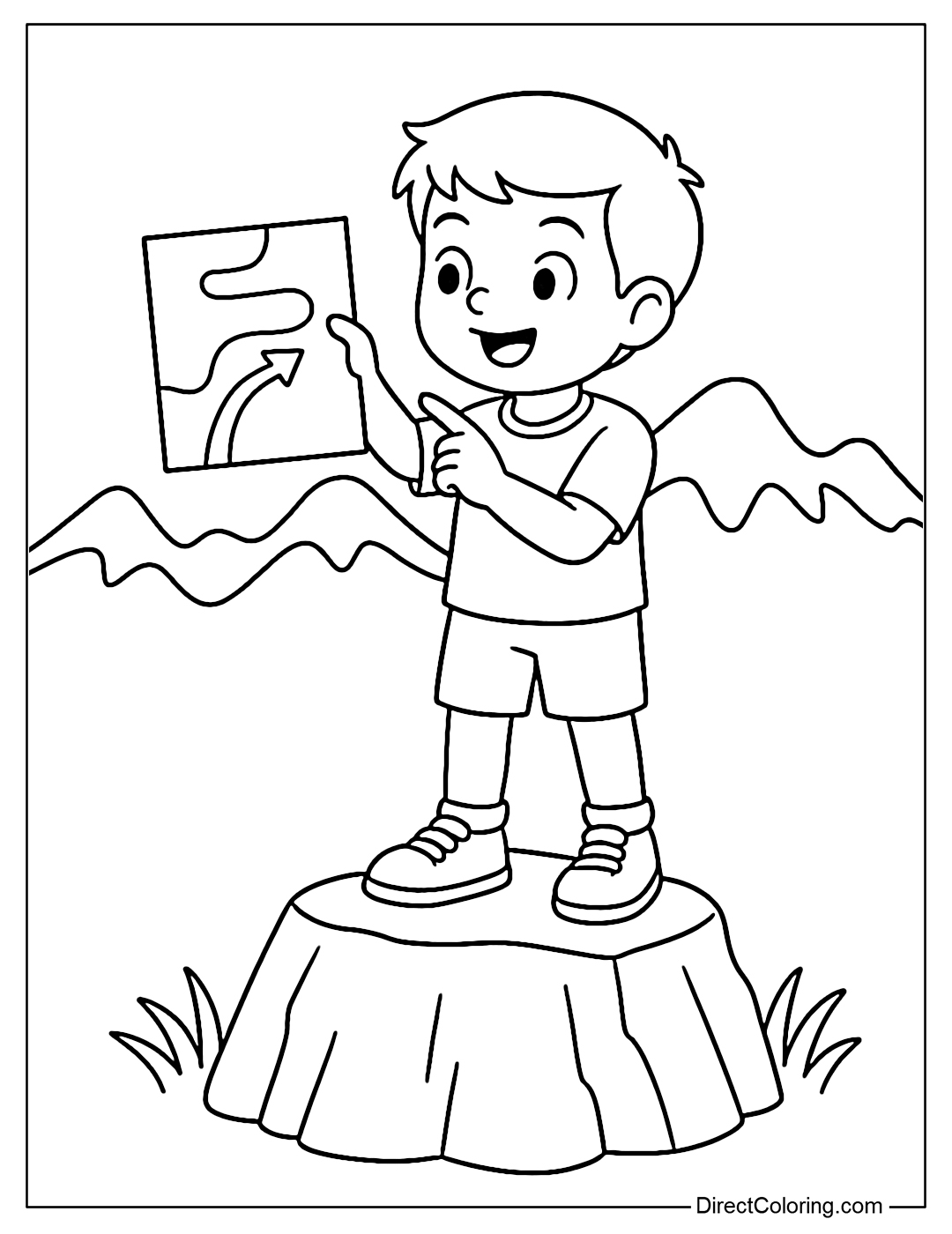 Coloring page of a boy standing on a small rock, holding a map with directions, behind him is a undulating mountain range.